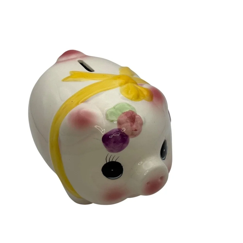 Vtg Ceramic Piggy Bank with Yellow Bow & Flowers Cute Coin Bank Nursery Decor